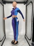 Spring Sexy Purple Color Block Zipper Long Sleeve Cropped Top and Sweatpants Cheap 2holesale Two Piece Sets
