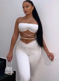 Spring Sexy White Halter Lace-up Cropped Tank and Match Pants Set Wholesale women's Two Piece Sets