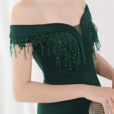 Elegant Green Fringe Tassels Off Shoulder Formal Mermaid Evening Dress