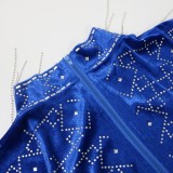 Winter Sexy Blue Beaded Velvet long Sleeve Tassels Bodycon Club Dress