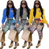 Winter Casual Blue Long Sleeve Cropped Hoodies and Printed Sweatpants Wholesale Two Piece Set