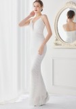 Elegant White Shining Sequins V Neck Strapless Slim Formal Cocktail Party Evening Gown