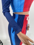 Spring Sexy Red Color Block Zipper Long Sleeve Cropped Top and Sweatpants Cheap 2holesale Two Piece Sets
