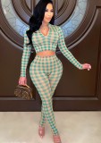 Spring Sexy Green Plaid Long Sleeve Cropped Top and Skinny Pants Set Wholesale 2 Piece Outfits