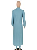 Spring Sexy Blue Strapless Slim Jumpsuit and Puff Sleeve Long Coat Set Cheap Wholesale Two Piece Sets