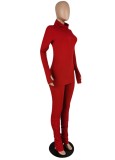 Winter Casual Solid Red High Neck Long Sleeve Slim Top and Ruched Pants Set Wholesale 2 Piece Sets