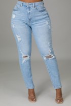 Jeans elasticizzati slim con foro strappato a vita alta blu chiaro sexy primavera
