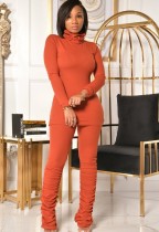 Hiver décontracté solide orange col haut à manches longues haut mince et pantalon froncé ensemble en gros 2 pièces ensembles
