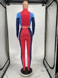 Spring Sexy Red Color Block Zipper Long Sleeve Cropped Top and Sweatpants Cheap 2holesale Two Piece Sets