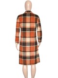 Winter Casual Orange Plaid Button Up Turndown Collar Full Sleeve Long Blouse Coat