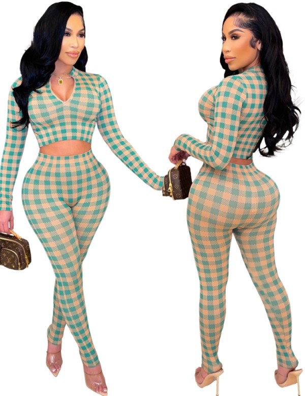 Spring Sexy Green Plaid Long Sleeve Cropped Top and Skinny Pants Set Wholesale 2 Piece Outfits