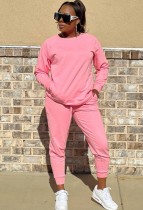Winter Casual Sports Pink Round Neck Long Sleeve Loose Sweatshirt and Jogger Pants Two Piece Set Wholesale Sportswear