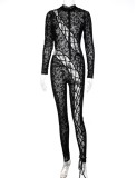 Spring Sexy Black Leopard Mesh Lace-up Hollow Out Slim Night Club Jumpsuit