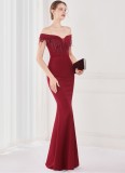 Elegant Red Fringe Tassels Off Shoulder Formal Mermaid Evening Dress