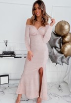 Winter Elegant Pink Swewtheart Off Shoulder Long Sleeve Slit Evening Dress