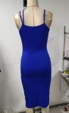Summer Sexy Blue U Neck Straps Sleeveless Slit Bodycon Dress