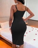 Summer Sexy Black U Neck Straps Sleeveless Slit Bodycon Dress