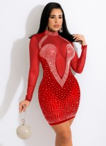 Spring Sexy Red Beaded See Through Long Sleeve Bodycon CLub Dress