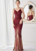Elegantes rotes glänzendes Pailletten V-Ausschnitt trägerloses schlankes formales Cocktailparty-Kleid