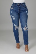 Lente Sexy blauwe hoge taille gescheurde slanke elastische jeans met gaten