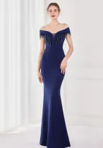 Elegant Blue Fringe Tassels Off Shoulder Formal Mermaid Evening Dress