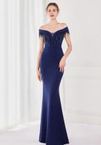 Elegante blaue Fransen Quasten Schulterfrei Formales Meerjungfrau Abendkleid