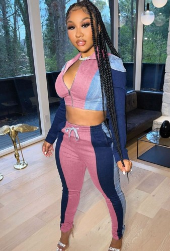 Spring Sexy Pink Color Block Zipper Long Sleeve Cropped Top and Sweatpants Cheap 2holesale Two Piece Sets