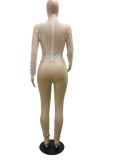 Winter Sexy Apricot Beaded Faux U Leather Patch Long Sleeve Ruched Jumpsuit