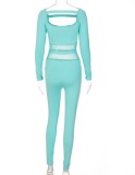 Spring Sexy Blue Mesh Patch Cutout Long Sleeve Fitness Jumpsuit