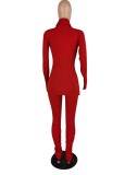 Winter Casual Solid Red High Neck Long Sleeve Slim Top and Ruched Pants Set Wholesale 2 Piece Sets