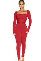Lente sexy rode mesh patch uitgesneden fitness jumpsuit met lange mouwen
