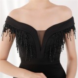 Elegant Black Fringe Tassels Off Shoulder Formal Mermaid Evening Dress