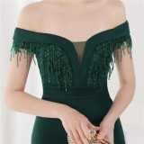 Elegant Green Fringe Tassels Off Shoulder Formal Mermaid Evening Dress