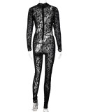 Spring Sexy Black Leopard Mesh Lace-up Hollow Out Slim Night Club Jumpsuit