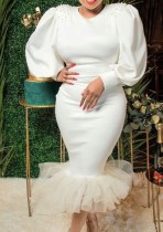 Kış Beyaz Kabarcık Boncuklu Şişirilmiş Uzun Kollu Mesh Bodycon Elbise