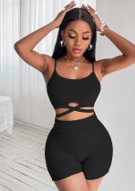 Summer Sexy Black Straps Bandage Crop Top And Shorts Wholesale Women'S Two Piece Sets