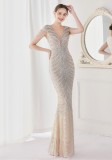 Summer Elegant Sliver V Neck Tassels Short Sleeve Sequins Stripe Mermaid Evening Dress