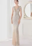 Summer Elegant Sliver V Neck Tassels Short Sleeve Sequins Stripe Mermaid Evening Dress