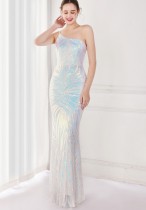 Summer Elegant White One Shoulder Sleeveless Sequins  Mermaid Evening Dress