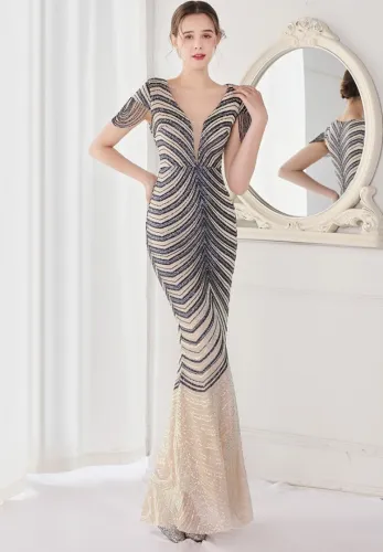 Summer Elegant Navy V Neck Tassels Short Sleeve Sequins Stripe Mermaid Evening Dress