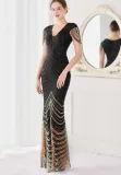 Summer Elegant Black V Neck Tassels Short Sleeve Sequins Stripe Mermaid Evening Dress