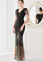 Summer Elegant Black V Neck Tassels Short Sleeve Sequins Stripe Mermaid Evening Dress