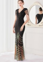 Sommer Elegantes Schwarz V-Ausschnitt Quasten Kurzarm Pailletten Streifen Meerjungfrau Abendkleid
