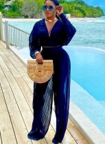Spring Plus Size Navy  Chiffon V Neck Long Sleeve See Through Loose Top And Pant Wholesale 2 Piece Outfits