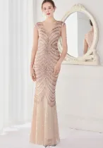 Summer Elegant Beige V Neck Tassels Short Sleeve Sequins Stripe Mermaid Evening Dress