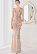 Sommer Elegant Beige V-Ausschnitt Quasten Kurzarm Pailletten Streifen Meerjungfrau Abendkleid