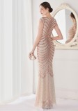 Summer Elegant Beige V Neck Tassels Short Sleeve Sequins Stripe Mermaid Evening Dress