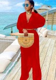 Spring Plus Size Red Chiffon V Neck Long Sleeve See Through Loose Top And Pant Wholesale 2 Piece Outfits