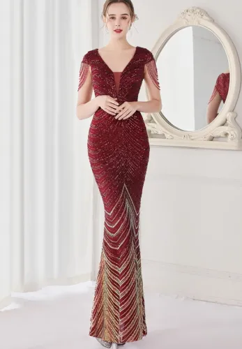 Summer Elegant Red V Neck Tassels Short Sleeve Sequins Stripe Mermaid Evening Dress