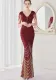 Summer Elegant Red V Neck Tassels Short Sleeve Sequins Stripe Mermaid Evening Dress